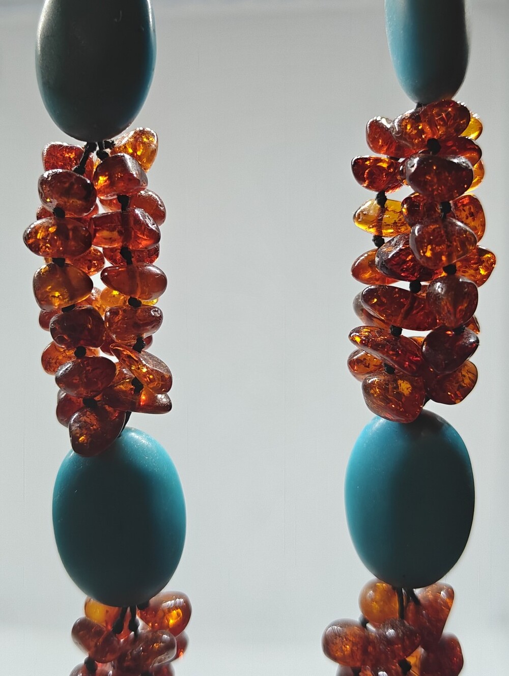 Vintage genuine amber beads clusters and turquoise necklace silver 925